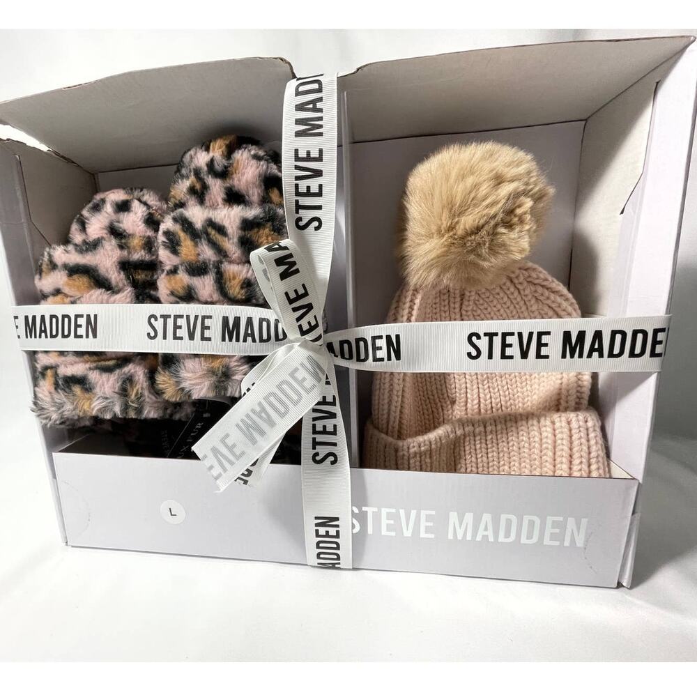 Steve Madden Ribbed Knit Pom Beanie & Leopard-Print Slippers Gift Set Womens NEW